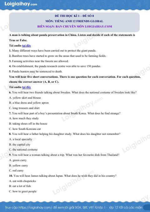 Đề thi học kì 1 Tiếng Anh 12 Friends Global - Đề số 8